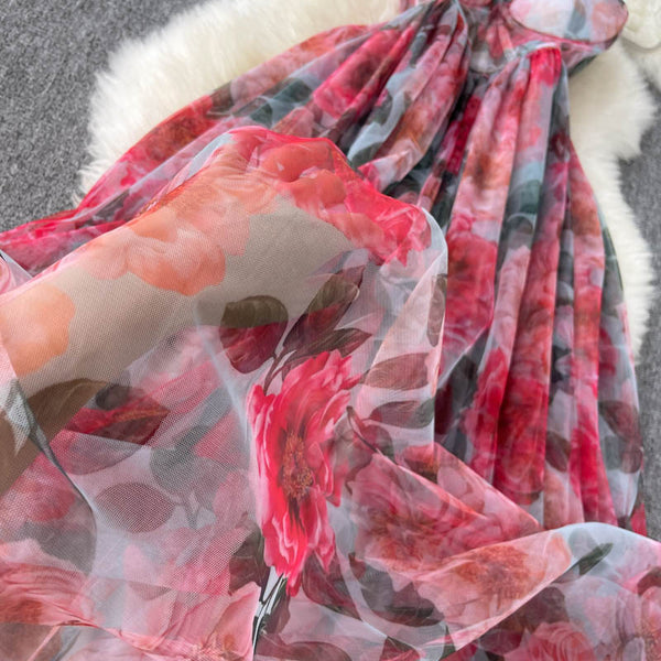 Summer Holiday Sexy Women Floral Printed Corset Shoulder Strap Waist Mid Length Multi-layer Big Hem Mesh Dress