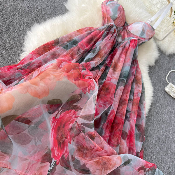 Summer Holiday Sexy Women Floral Printed Corset Shoulder Strap Waist Mid Length Multi-layer Big Hem Mesh Dress