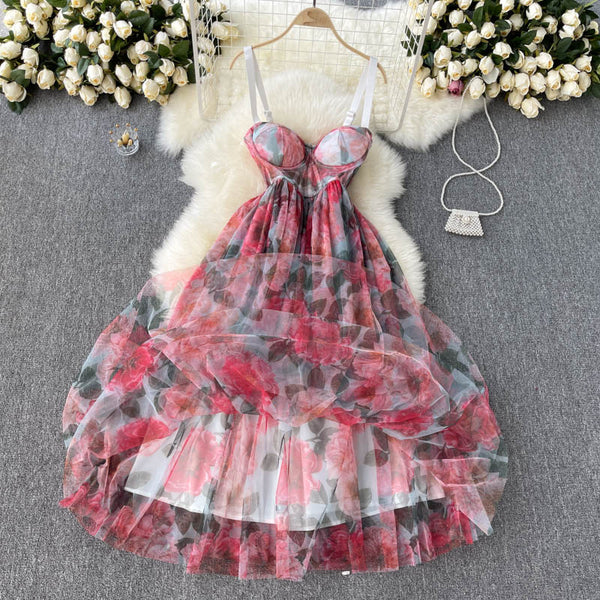 Summer Holiday Sexy Women Floral Printed Corset Shoulder Strap Waist Mid Length Multi-layer Big Hem Mesh Dress