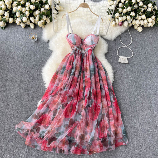 Summer Holiday Sexy Women Floral Printed Corset Shoulder Strap Waist Mid Length Multi-layer Big Hem Mesh Dress