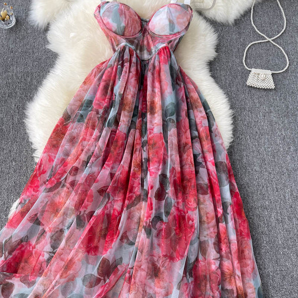 Summer Holiday Sexy Women Floral Printed Corset Shoulder Strap Waist Mid Length Multi-layer Big Hem Mesh Dress