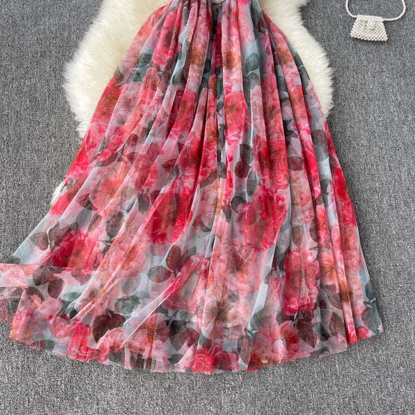 Summer Holiday Sexy Women Floral Printed Corset Shoulder Strap Waist Mid Length Multi-layer Big Hem Mesh Dress