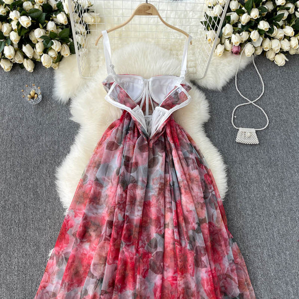 Summer Holiday Sexy Women Floral Printed Corset Shoulder Strap Waist Mid Length Multi-layer Big Hem Mesh Dress