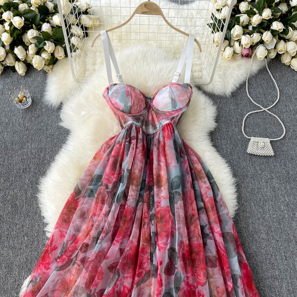 Summer Holiday Sexy Women Floral Printed Corset Shoulder Strap Waist Mid Length Multi-layer Big Hem Mesh Dress