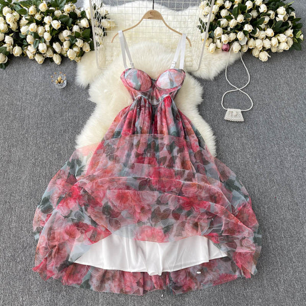 Summer Holiday Sexy Women Floral Printed Corset Shoulder Strap Waist Mid Length Multi-layer Big Hem Mesh Dress