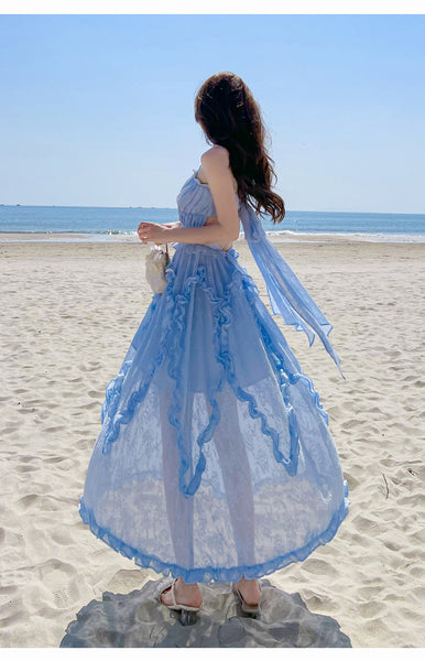 Amazing Fairy Temperament Summer Beach Women Retro Design V Neck Pleated Spaghetti Strap Long Dress