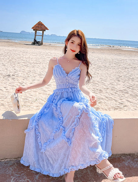 Amazing Fairy Temperament Summer Beach Women Retro Design V Neck Pleated Spaghetti Strap Long Dress