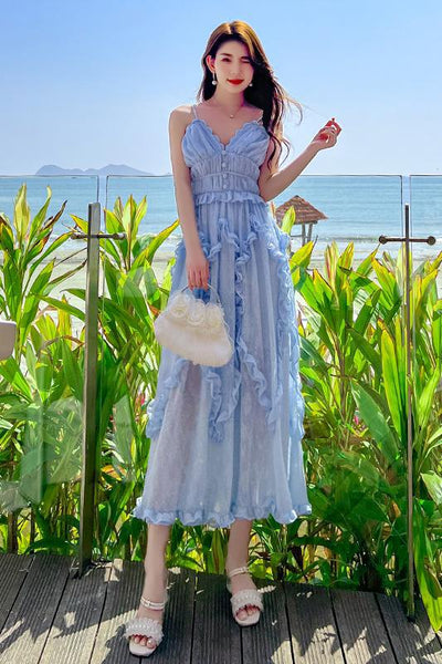 Amazing Fairy Temperament Summer Beach Women Retro Design V Neck Pleated Spaghetti Strap Long Dress