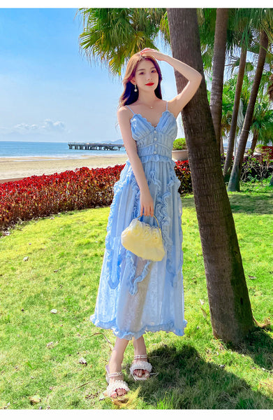 Amazing Fairy Temperament Summer Beach Women Retro Design V Neck Pleated Spaghetti Strap Long Dress