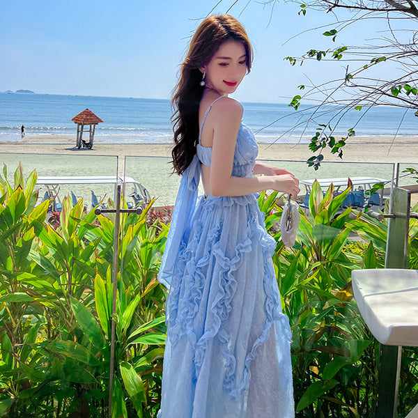 Amazing Fairy Temperament Summer Beach Women Retro Design V Neck Pleated Spaghetti Strap Long Dress