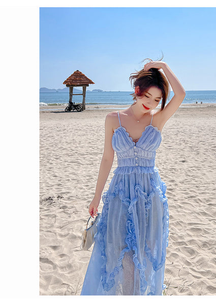 Amazing Fairy Temperament Summer Beach Women Retro Design V Neck Pleated Spaghetti Strap Long Dress