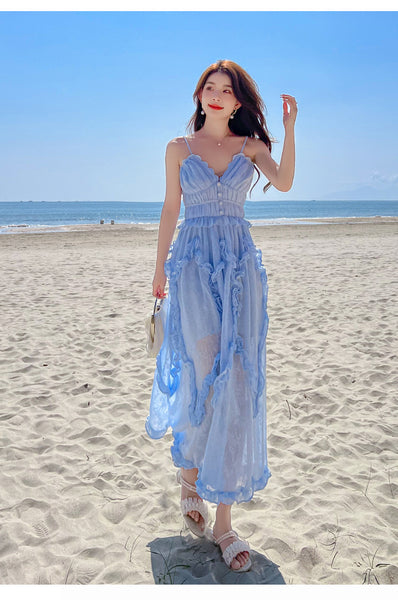 Amazing Fairy Temperament Summer Beach Women Retro Design V Neck Pleated Spaghetti Strap Long Dress