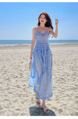 Amazing Fairy Temperament Summer Beach Women Retro Design V Neck Pleated Spaghetti Strap Long Dress