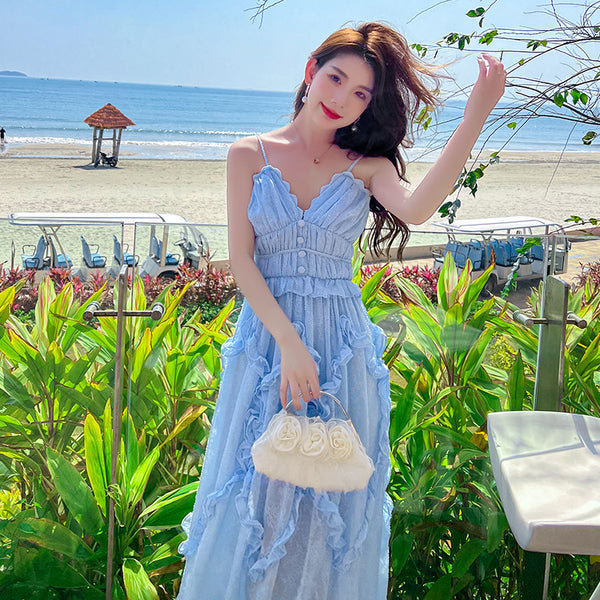 Amazing Fairy Temperament Summer Beach Women Retro Design V Neck Pleated Spaghetti Strap Long Dress