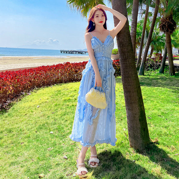 Amazing Fairy Temperament Summer Beach Women Retro Design V Neck Pleated Spaghetti Strap Long Dress