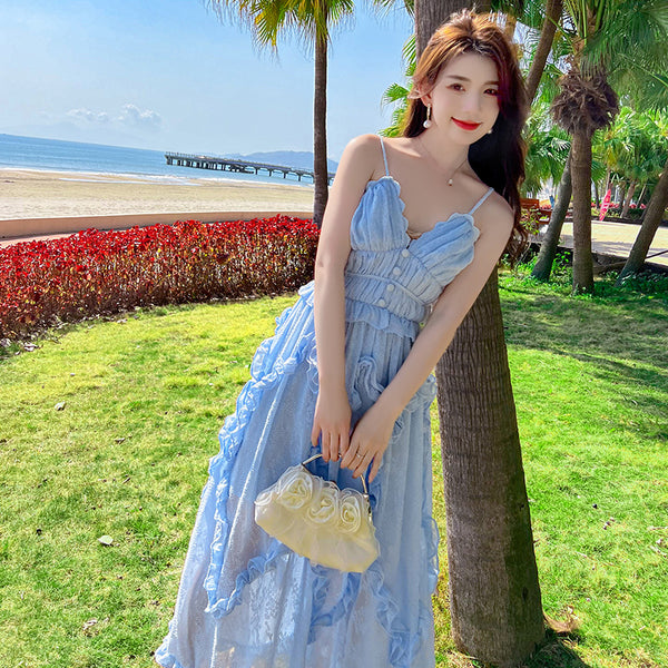 Amazing Fairy Temperament Summer Beach Women Retro Design V Neck Pleated Spaghetti Strap Long Dress