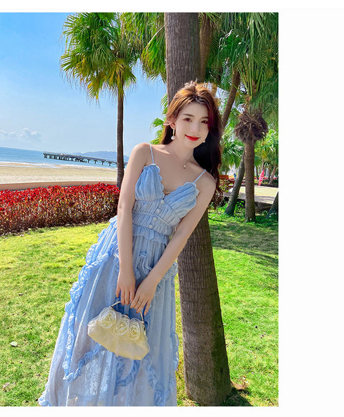 Amazing Fairy Temperament Summer Beach Women Retro Design V Neck Pleated Spaghetti Strap Long Dress