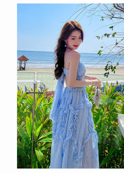 Amazing Fairy Temperament Summer Beach Women Retro Design V Neck Pleated Spaghetti Strap Long Dress