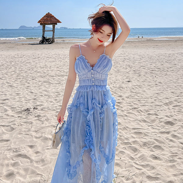 Amazing Fairy Temperament Summer Beach Women Retro Design V Neck Pleated Spaghetti Strap Long Dress