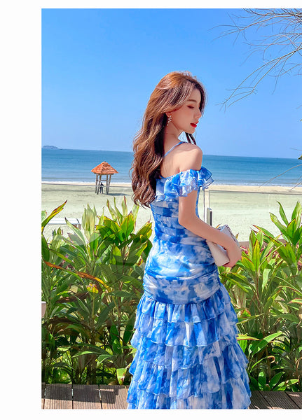 Summer Women Off Shoulder Blue Tie Dye Printed Side Split Spaghetti Strap High Waist Long Cake Dress