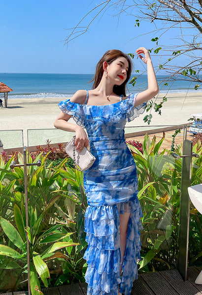 Summer Women Off Shoulder Blue Tie Dye Printed Side Split Spaghetti Strap High Waist Long Cake Dress