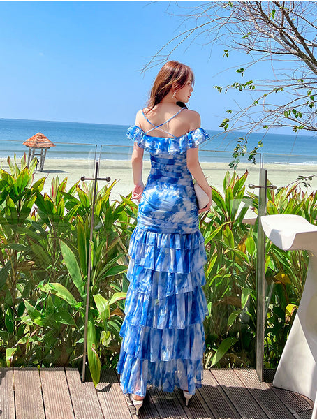 Summer Women Off Shoulder Blue Tie Dye Printed Side Split Spaghetti Strap High Waist Long Cake Dress