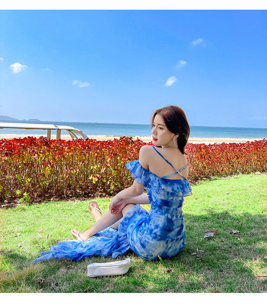 Summer Women Off Shoulder Blue Tie Dye Printed Side Split Spaghetti Strap High Waist Long Cake Dress