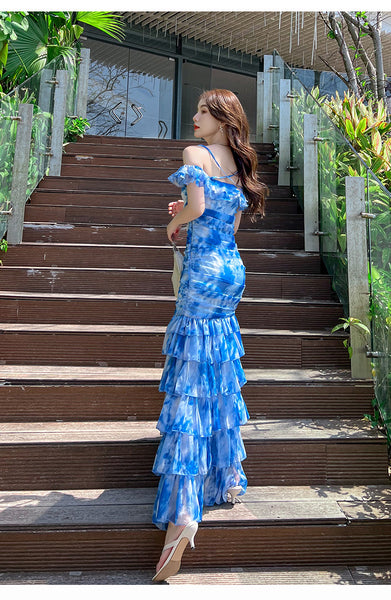 Summer Women Off Shoulder Blue Tie Dye Printed Side Split Spaghetti Strap High Waist Long Cake Dress