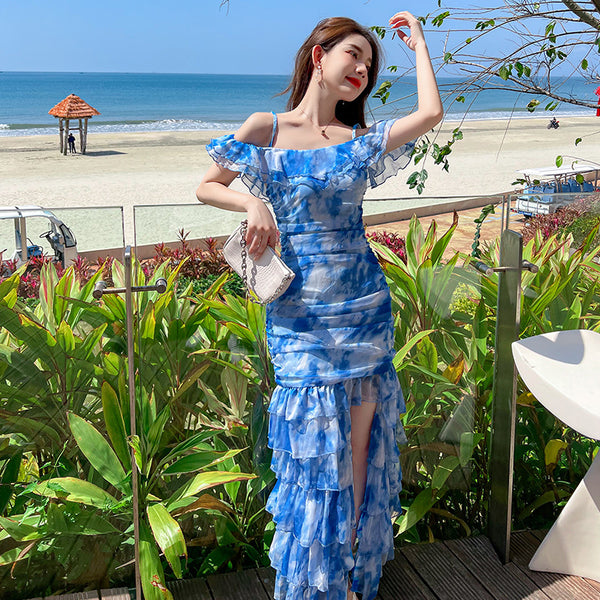 Summer Women Off Shoulder Blue Tie Dye Printed Side Split Spaghetti Strap High Waist Long Cake Dress