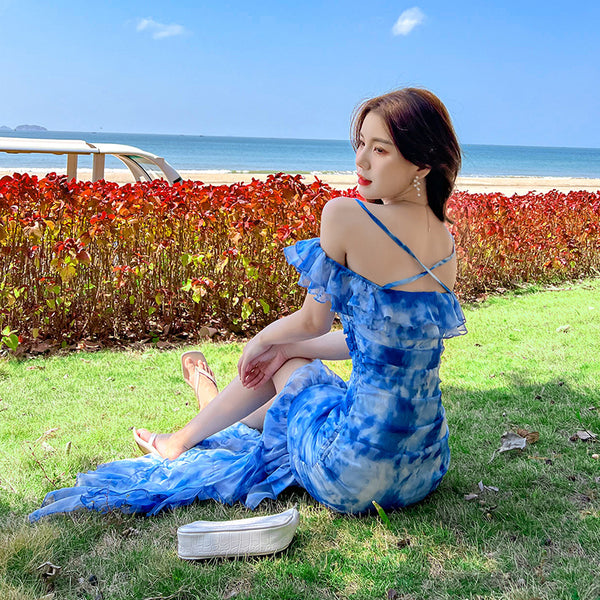 Summer Women Off Shoulder Blue Tie Dye Printed Side Split Spaghetti Strap High Waist Long Cake Dress