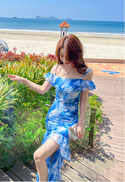 Summer Women Off Shoulder Blue Tie Dye Printed Side Split Spaghetti Strap High Waist Long Cake Dress