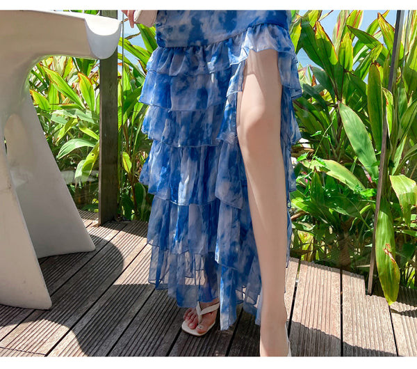 Summer Women Off Shoulder Blue Tie Dye Printed Side Split Spaghetti Strap High Waist Long Cake Dress