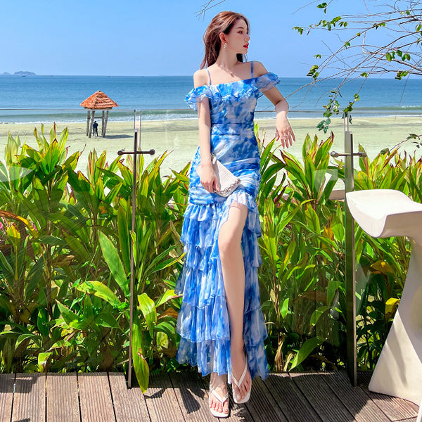 Summer Women Off Shoulder Blue Tie Dye Printed Side Split Spaghetti Strap High Waist Long Cake Dress