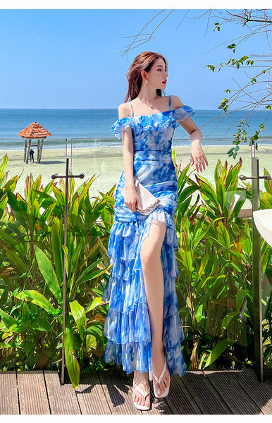 Summer Women Off Shoulder Blue Tie Dye Printed Side Split Spaghetti Strap High Waist Long Cake Dress