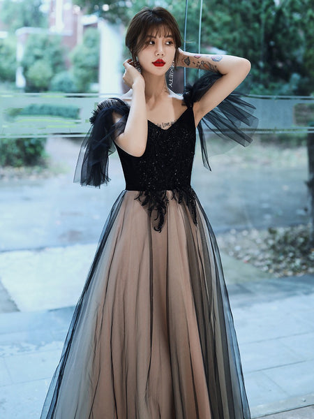 Temperament Elegant Women Shoulder Strap V Neck Sleeveless Aura Black Long Tulle Evening Dinner Banquet Party Bridal Dress