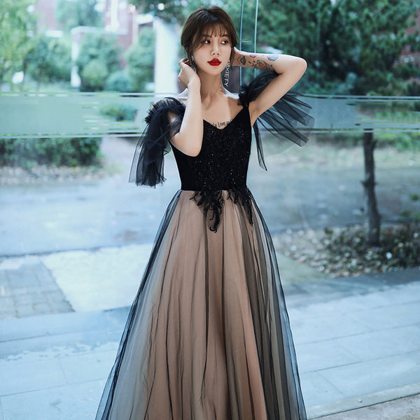 Temperament Elegant Women Shoulder Strap V Neck Sleeveless Aura Black Long Tulle Evening Dinner Banquet Party Bridal Dress