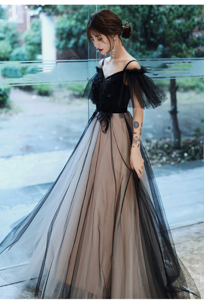 Temperament Elegant Women Shoulder Strap V Neck Sleeveless Aura Black Long Tulle Evening Dinner Banquet Party Bridal Dress