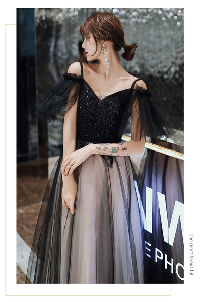 Temperament Elegant Women Shoulder Strap V Neck Sleeveless Aura Black Long Tulle Evening Dinner Banquet Party Bridal Dress