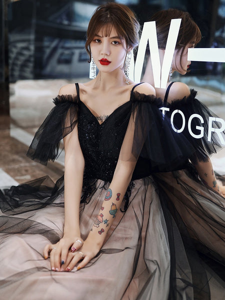 Temperament Elegant Women Shoulder Strap V Neck Sleeveless Aura Black Long Tulle Evening Dinner Banquet Party Bridal Dress