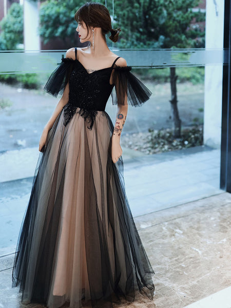 Temperament Elegant Women Shoulder Strap V Neck Sleeveless Aura Black Long Tulle Evening Dinner Banquet Party Bridal Dress