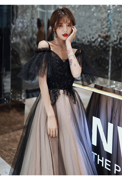 Temperament Elegant Women Shoulder Strap V Neck Sleeveless Aura Black Long Tulle Evening Dinner Banquet Party Bridal Dress
