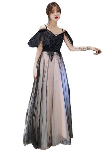 Temperament Elegant Women Shoulder Strap V Neck Sleeveless Aura Black Long Tulle Evening Dinner Banquet Party Bridal Dress