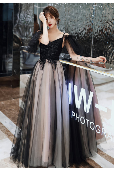 Temperament Elegant Women Shoulder Strap V Neck Sleeveless Aura Black Long Tulle Evening Dinner Banquet Party Bridal Dress
