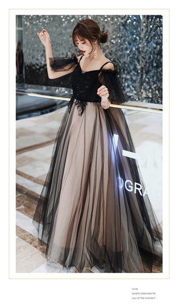 Temperament Elegant Women Shoulder Strap V Neck Sleeveless Aura Black Long Tulle Evening Dinner Banquet Party Bridal Dress