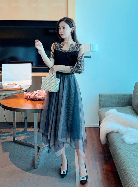 Look Great Temperament Fairy Women Round Neck Printed See through Long Sleeves Irregular Hem Lace Mesh Banquet Party Dress
