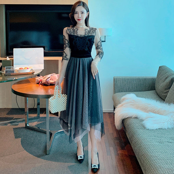 Look Great Temperament Fairy Women Round Neck Printed See through Long Sleeves Irregular Hem Lace Mesh Banquet Party Dress