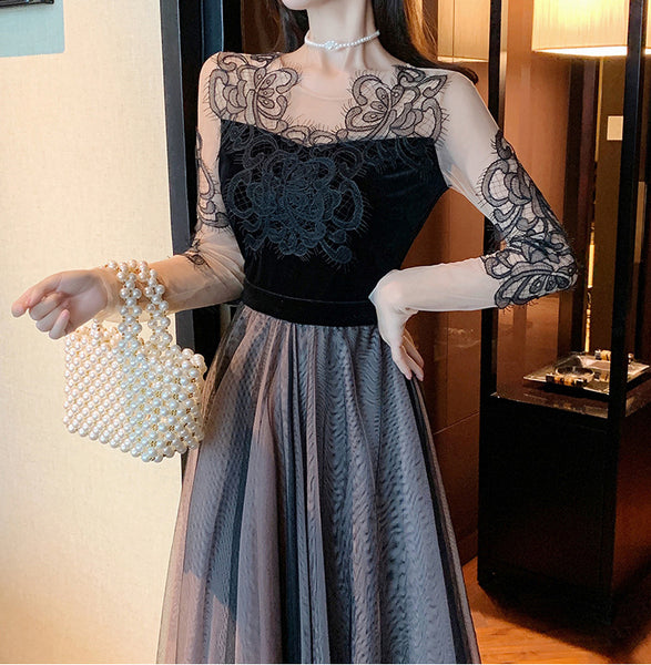 Look Great Temperament Fairy Women Round Neck Printed See through Long Sleeves Irregular Hem Lace Mesh Banquet Party Dress