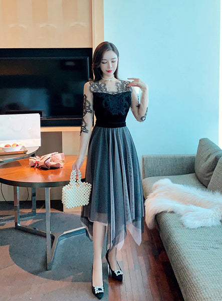 Look Great Temperament Fairy Women Round Neck Printed See through Long Sleeves Irregular Hem Lace Mesh Banquet Party Dress