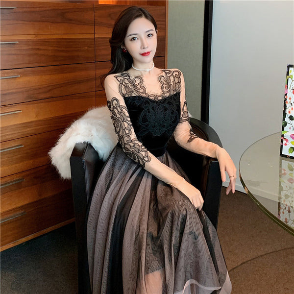 Look Great Temperament Fairy Women Round Neck Printed See through Long Sleeves Irregular Hem Lace Mesh Banquet Party Dress