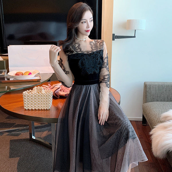 Look Great Temperament Fairy Women Round Neck Printed See through Long Sleeves Irregular Hem Lace Mesh Banquet Party Dress